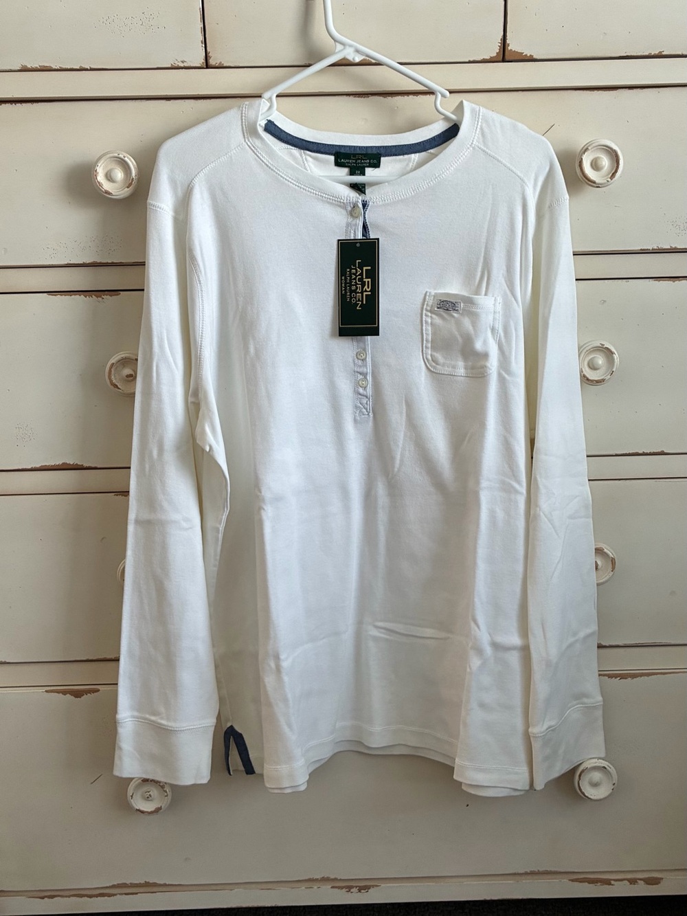 NWT Lauren Ralph Lauren White Long Sleeve Henley with Chest Pocket